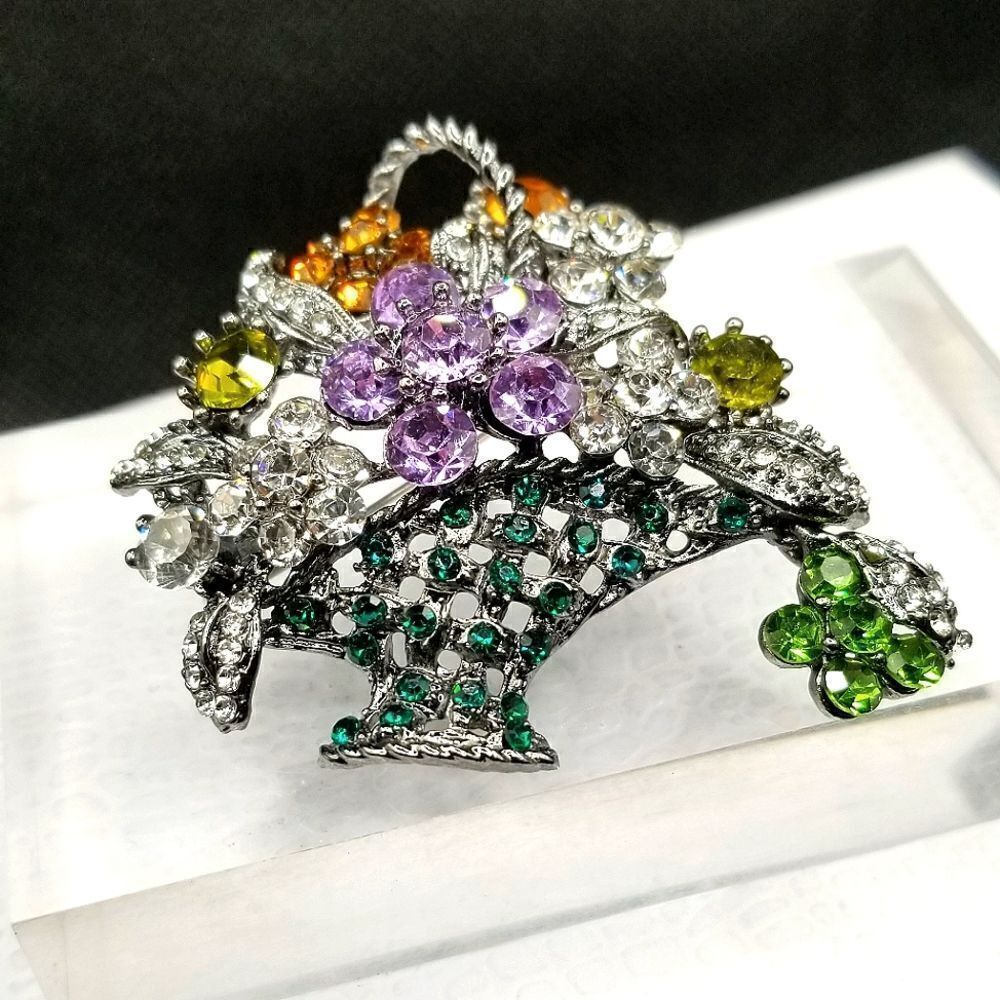 Easter Flower Basket Brooch Pin Crystal Rhinestone Jewelry